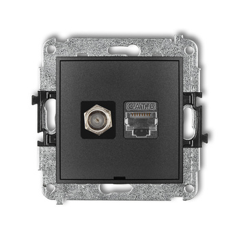 Mechanizm gniazda antenowego poj. typu F SAT + gniazda komp. poj. 1xRJ45, kat. 6 ekranowany, 8-stykowy, bez pola opisowego Karlik seria ICON 11IGFKBO-5 kolor grafitowy