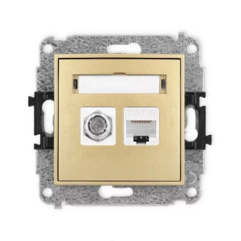 Mechanizm gniazda antenowego poj. typu F SAT + gniazda komp. poj. 1xRJ45, kat. 6, 8-stykowy Karlik seria MINI 29MGFK-3 kolor złoty