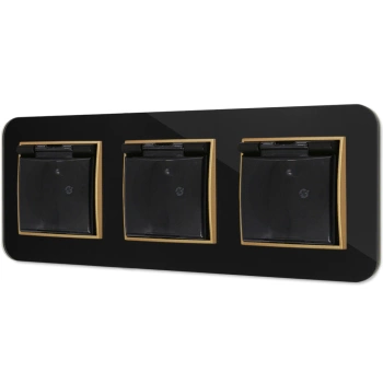Trzy gniazda hermetyczne z ramką zaokrągloną efekt szkła seria ICON kolor czarny/złoty