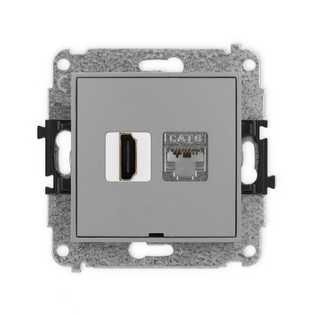 Mechanizm gniazda pojedynczego HDMI 2.0, 4K + gniazda komp. poj. 1xRJ45, kat. 6, ekranowany, 8-stykowy, bez pola opisowego Karlik seria ICON 27IGHKBO-46 kolor szary mat