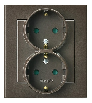 Gniazdo podwójne z uziemieniem schuko z przesłonami torów prądowych, kompletne z ramką seria SONATA kolor Czekoladowy metalik symbol GP-2RSP/40