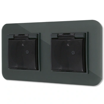 Dwa gniazda hermetyczne do łazienki z ramką zaokrągloną efekt szkła seria ICON kolor grafitowy mat