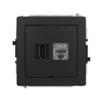 Mechanizm gniazda pojedynczego HDMI 2.1, 8K + gniazda komp. poj. 1xRJ45, kat. 8, ekranowany, 8-stykowy, bez pola opisowego Karlik seria DECO 12DGHKBO-88 kolor czarny mat