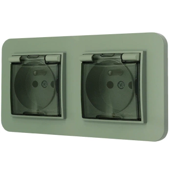 Dwa gniazda hermetyczne do łazienki z ramką zaokrągloną seria MINI kolor szałwiowy