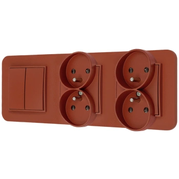 Włącznik podwójny i dwa gniazda podwójne z ramką zaokrągloną seria MINI kolor terakota