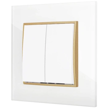 Włącznik podwójny z ramką kwadratową efekt szkła seria ICON kolor biały/złoty