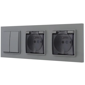 Włącznik podwójny i dwa gniazda hermetyczne z ramką prostą seria MINI kolor szary mat