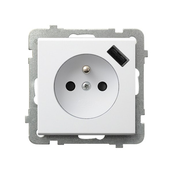 Gniazdo pojedyncze z uziemieniem z przesłonami torów prądowych, z ładowarką USB seria SONATA kolor Biały symbol GP-1RZPUSB/m/00