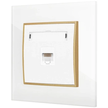 Gniazdo internetowe rj45 1x z ramką kwadratową efekt szkła seria ICON kolor biały/złoty