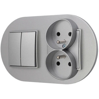 Włącznik podwójny z gniazdem podwójnym z ramką okrągłą seria MINI kolor srebrny