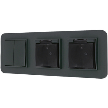 Włącznik podwójny i dwa gniazda hermetyczne z ramką zaokrągloną seria MINI kolor grafitowy mat