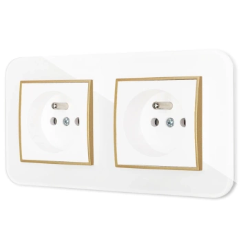 Dwa gniazda pojedyncze z ramką zaokrągloną efekt szkła seria ICON kolor biały/złoty