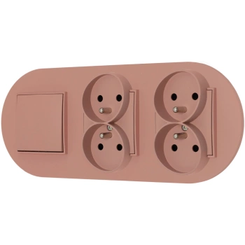 Włącznik pojedynczy i dwa gniazda podwójne z ramką okrągłą seria MINI kolor łososiowy