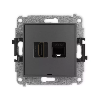 Mechanizm gniazda pojedynczego HDMI 2.0, 4K + gniazda komp. poj. 1xRJ45, kat. 5e, 8-stykowy, bez pola opisowego Karlik seria ICON 28IGHKBO-45e kolor grafitowy mat