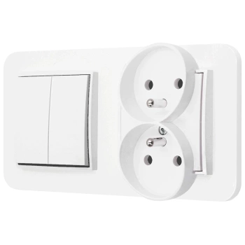 Włącznik podwójny z gniazdem podwójnym z ramką zaokrągloną seria MINI kolor biały mat