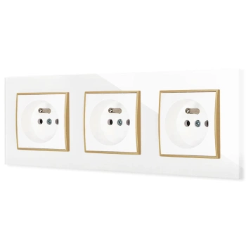 Trzy gniazda pojedyncze z ramką kwadratową efekt szkła seria ICON kolor biały/złoty