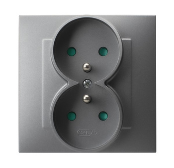 Gniazdo podwójne z uziemieniem z przesłonami torów prądowych, kompletne z ramką seria SZAFIR kolor Szary mat symbol GP-2ZZP/70