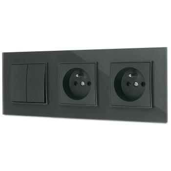 Włącznik podwójny i dwa gniazda pojedyncze z ramką kwadratową efekt szkła seria ICON kolor grafitowy mat