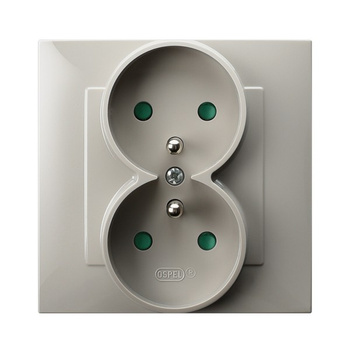 Gniazdo podwójne z uziemieniem z przesłonami torów prądowych, kompletne z ramką seria SZAFIR kolor Kaszmirowy beż symbol GP-2ZZP/83