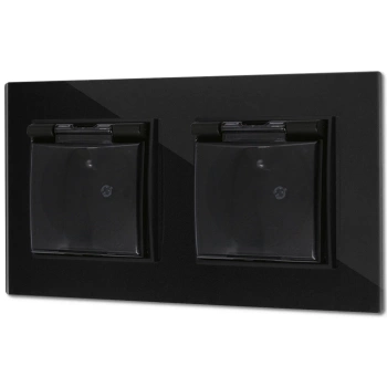 Dwa gniazda hermetyczne do łazienki z ramką kwadratową efekt szkła seria ICON kolor czarny