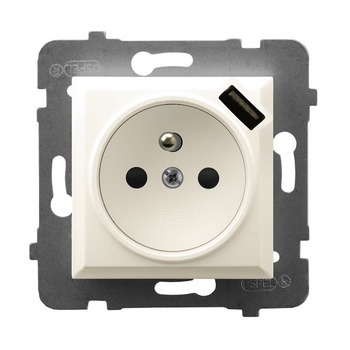 Gniazdo pojedyncze z uziemieniem z przesłonami torów prądowych, z ładowarką USB seria ARIA kolor Ecru symbol GP-1UZPUSB/m/27