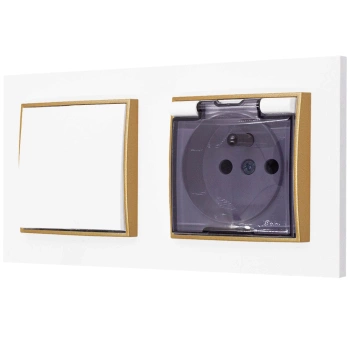 Włącznik pojedynczy z gniazdem hermetycznym z ramką prostą seria MINI kolor biały mat/złoty