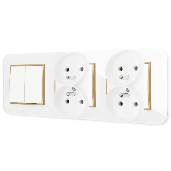 Włącznik podwójny i dwa gniazda podwójne z ramką zaokrągloną efekt szkła seria ICON kolor biały/złoty