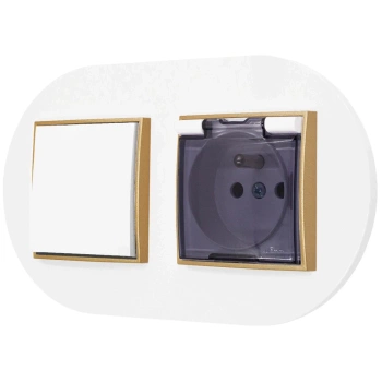 Włącznik pojedynczy z gniazdem hermetycznym z ramką okrągłą seria MINI kolor biały mat/złoty