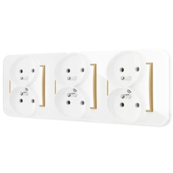 Trzy gniazda podwójne z ramką zaokrągloną efekt szkła seria ICON kolor biały/złoty