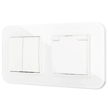 Włącznik podwójny z gniazdem hermetycznym z ramką zaokrągloną efekt szkła seria ICON kolor biały