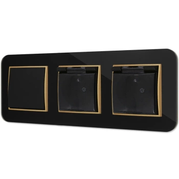 Włącznik pojedynczy i dwa gniazda hermetyczne z ramką zaokrągloną efekt szkła seria ICON kolor czarny/złoty