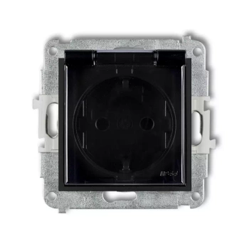 Mechanizm gniazda bryzgoszczelnego z uziemieniem SCHUKO 2P+Z klapka dymna, przesłony torów prądowych Karlik seria MINI 12MGPB-1sdp kolor czarny mat