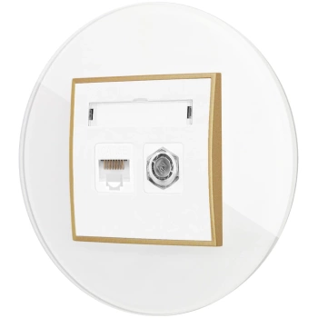 Gniazdo rj45/antenowe z ramką okrągłą efekt szkła seria ICON kolor biały/złoty