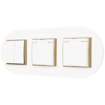 Włącznik podwójny i dwa gniazda hermetyczne z ramką okrągłą seria MINI kolor biały złoty