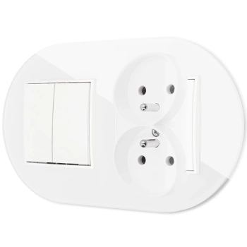 Włącznik podwójny z gniazdem podwójnym z ramką okrągłą efekt szkła seria ICON kolor biały