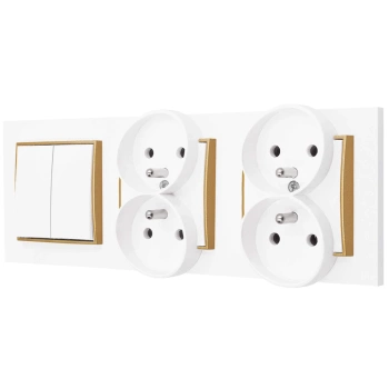 Włącznik podwójny i dwa gniazda podwójne z ramką prostą seria MINI kolor biały mat/złoty