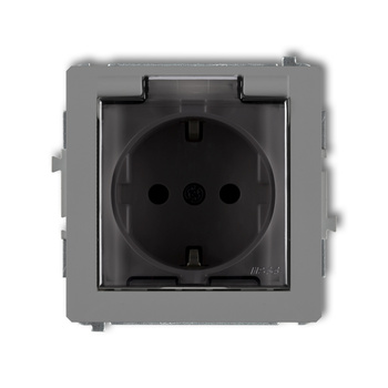 Mechanizm gniazda bryzgoszczelnego z uziemieniem SCHUKO 2P+Z klapka dymna, przesłony torów prądowych Karlik seria DECO 27DGPB-1sdp kolor szary mat