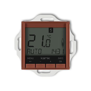 Mechanizm uniwersalnego elektronicznego tygodniowego regulatora temperatury podświetlenie niebieskie Karlik seria ICON 63IRT-3.2 kolor terakota