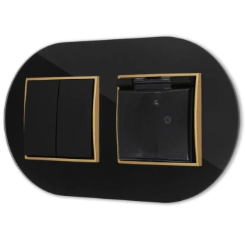 Włącznik podwójny z gniazdem hermetycznym z ramką okrągłą efekt szkła seria ICON kolor czarny/złoty