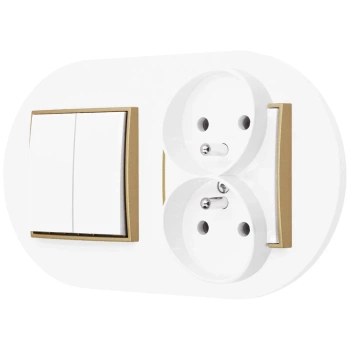 Włącznik podwójny z gniazdem podwójnym z ramką okrągłą seria MINI kolor biały złoty