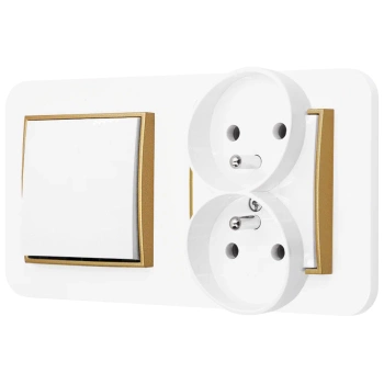Włącznik pojedynczy z gniazdem podwójnym z ramką zaokrągloną seria MINI kolor biały złoty