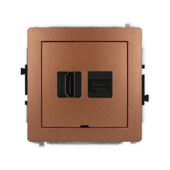 Mechanizm gniazda pojedynczego HDMI 2.1, 8K + gniazda komp. poj. 1xRJ45, kat. 6A, 8-stykowy, bez pola opisowego Karlik seria DECO 9DGHKBO-86A kolor brązowy metalik