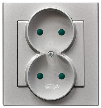 Gniazdo podwójne z przesłonami torów prądowych, kompletne z ramką seria SONATA kolor Srebro mat symbol GP-2RP/38