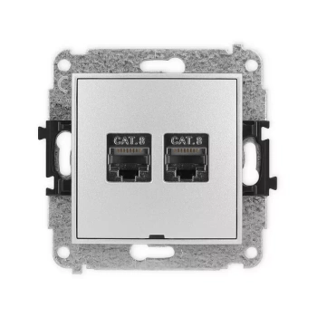 Mechanizm gniazda komputerowego podwójnego 2xRJ45, kat. 8, ekranowany, 8-stykowy, bez pola opisowego Karlik seria MINI 7MGKBO-12 kolor srebrny metalik