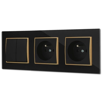 Włącznik podwójny i dwa gniazda pojedyncze z ramką kwadratową efekt szkła seria ICON kolor czarny/złoty