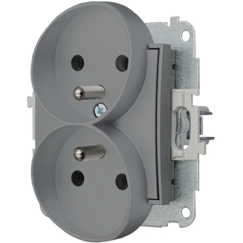 Mechanizm gniazda podwójnego do ramki z uziemieniem 2x2P+Z z przesłonami torów Karlik seria MINI 27MGPR-2zp kolor szary mat