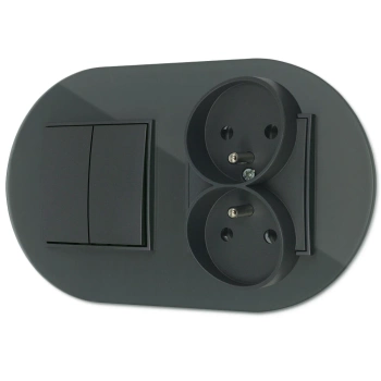 Włącznik podwójny z gniazdem podwójnym z ramką okrągłą efekt szkła seria ICON kolor grafitowy mat