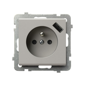 Gniazdo pojedyncze z uziemieniem z przesłonami torów prądowych, z ładowarką USB seria SONATA kolor Kaszmir symbol GP-1RZPUSB/m/82