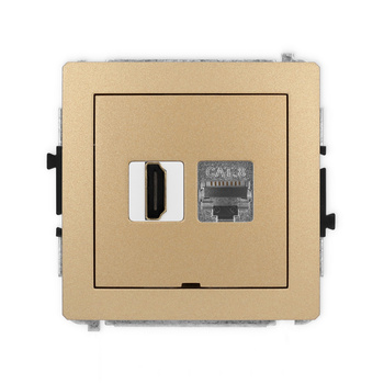 Mechanizm gniazda pojedynczego HDMI 2.1, 8K + gniazda komp. poj. 1xRJ45, kat. 8, ekranowany, 8-stykowy, bez pola opisowego Karlik seria DECO 8DGHKBO-88 kolor złoty metalik