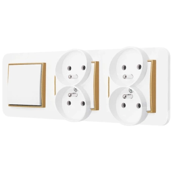 Włącznik pojedynczy i dwa gniazda podwójne z ramką zaokrągloną seria MINI kolor biały mat/złoty